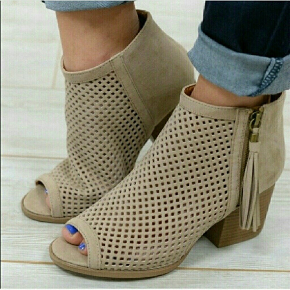 Suede peep toe booties - TAUPE